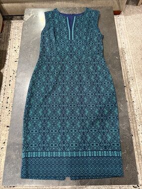 Sleeveless Teal & Navy Patterned Sheath Dress